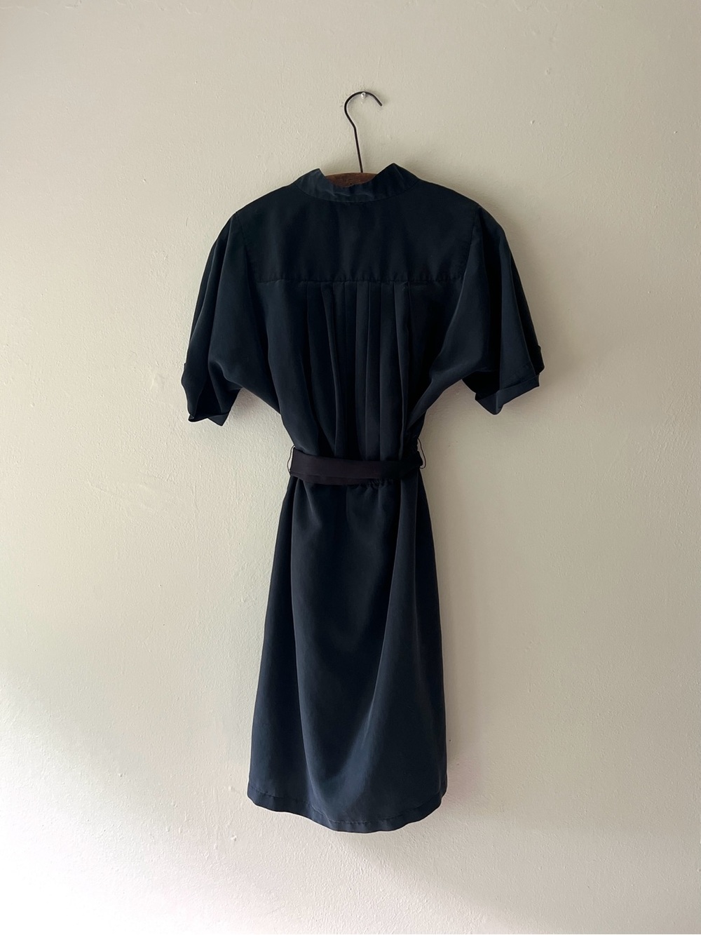 Buttery Soft Pleated Deep Muted Blue Wrap Dress with Tie Waist - Picture 15 of 15